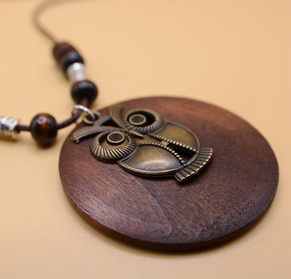 Wooden Pendant Necklace with Owl Charm Long Wax Rope Chain
