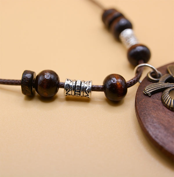 Wooden Pendant Necklace with Owl Charm Long Wax Rope Chain