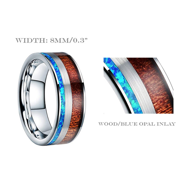 Sleek and Stylish: Men's Tungsten Carbide Wood Wedding Ring with Blue Opal Inlay