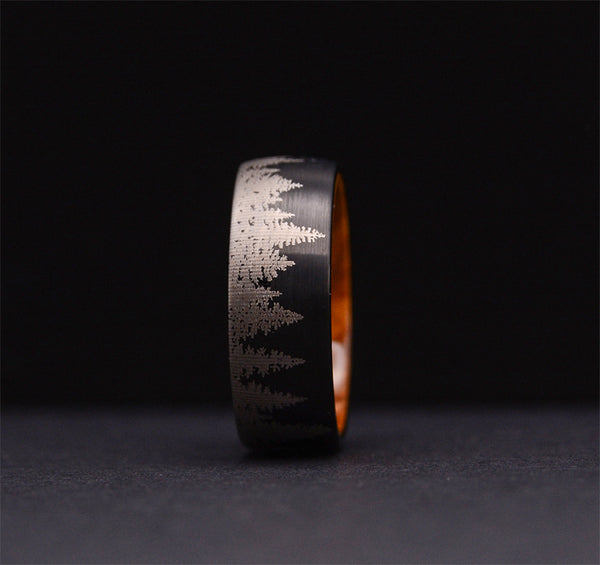Lasered Forest Landscape Tungsten Ring Men's Dark Wedding Band with Olive Wood Sleeve
