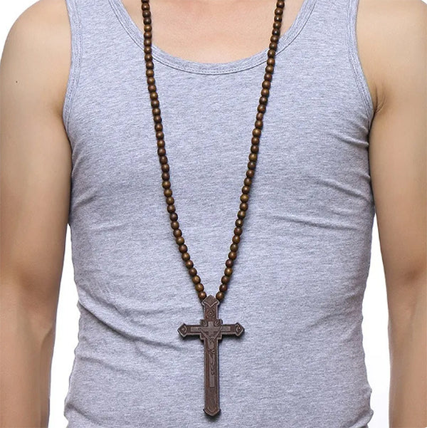 To Express Your Faith: Large Wood Cross Necklace for Men with Jesus Christ Pendant