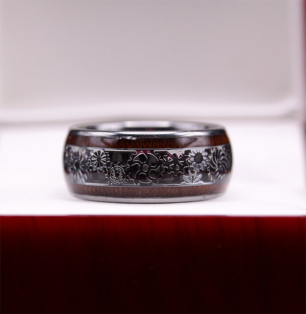 Steampunk Gear Wheel Tungsten Ring With Koa Wood Inlay