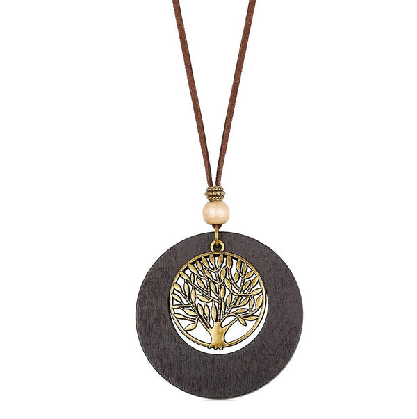 Handmade Wooden Necklace Long Leather Pendant