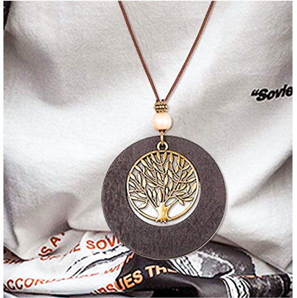 Handmade Wooden Necklace Long Leather Pendant