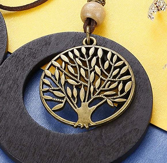 Handmade Wooden Necklace Long Leather Pendant