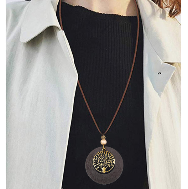 Handmade Wooden Necklace Long Leather Pendant