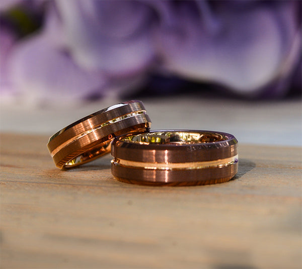 Match His and Hers Coffee & Rose Gold Tungsten Bands-Wedding Band Set