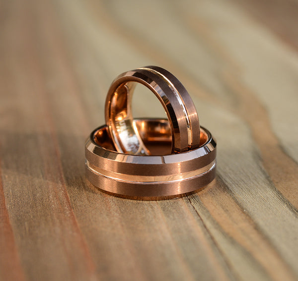 Match His and Hers Coffee & Rose Gold Tungsten Bands-Wedding Band Set