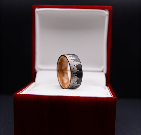 Lasered Forest Landscape Tungsten Ring Men's Dark Wedding Band with Olive Wood Sleeve