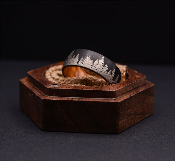 Lasered Forest Landscape Tungsten Ring Men's Dark Wedding Band with Olive Wood Sleeve