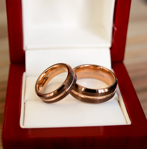 Match His and Hers Coffee & Rose Gold Tungsten Bands-Wedding Band Set