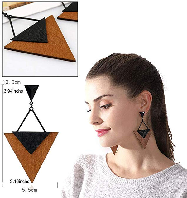 Wooden Earrings for Women - Big Triangle Geometric Wood Drop Dangle Hook Earrings