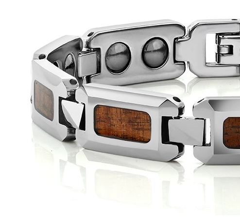 Men's Wood Inlay Polished Tungsten Carbide Link Bracelet Magnetic Silver Tone Wristband