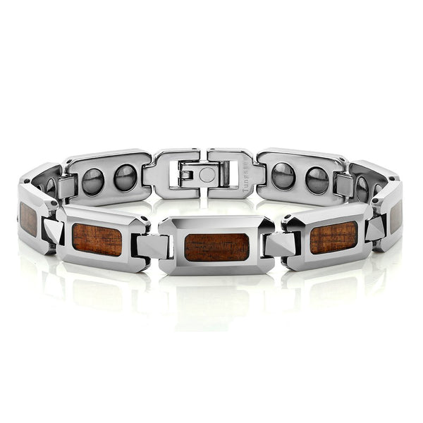 Men's Wood Inlay Polished Tungsten Carbide Link Bracelet Magnetic Silver Tone Wristband