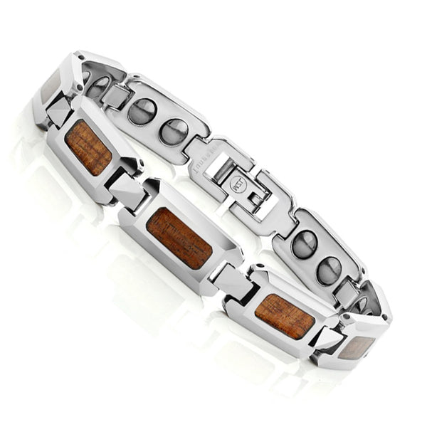 Men's Wood Inlay Polished Tungsten Carbide Link Bracelet Magnetic Silver Tone Wristband