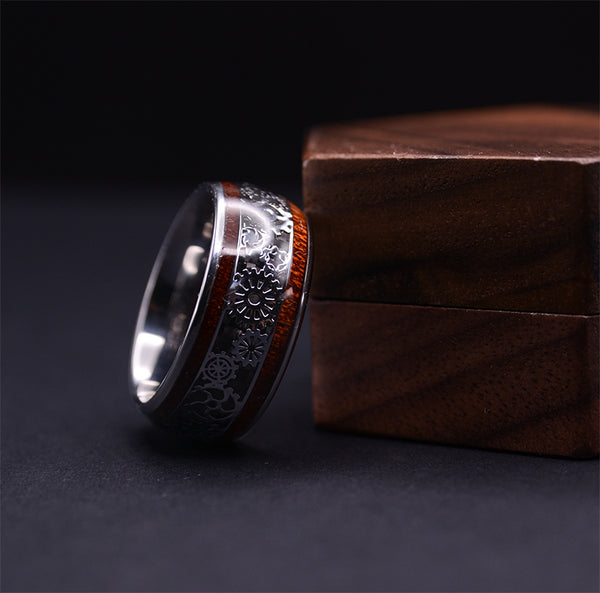 Steampunk Gear Wheel Tungsten Ring With Koa Wood Inlay