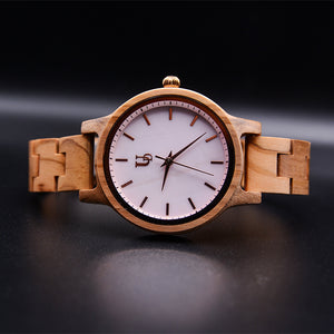 Minimalist Round Wooden Watch For Women With Pink Face and Wood Band