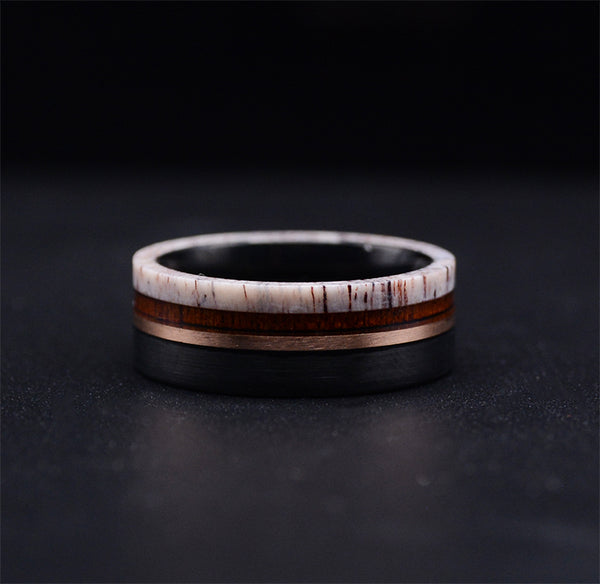 Sophisticated Men's Tungsten Ring with Rose Gold Stripe and Koa Wood Inlay