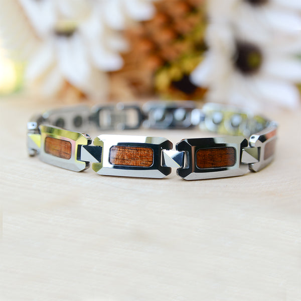 Men's Wood Inlay Polished Tungsten Carbide Link Bracelet Magnetic Silver Tone Wristband