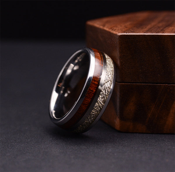 Wood Wedding Band: Urban Designer Tungsten Ring With Meteorite And Wood Wedding Ring
