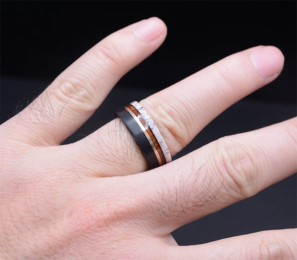 Sophisticated Men's Tungsten Ring with Rose Gold Stripe and Koa Wood Inlay