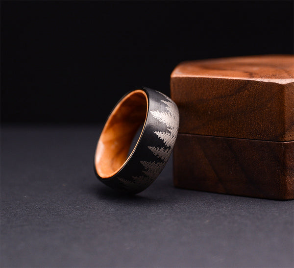 Lasered Forest Landscape Tungsten Ring Men's Dark Wedding Band with Olive Wood Sleeve