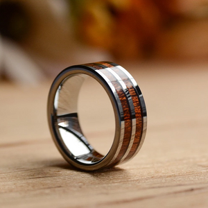 Wooden Rings - Mens Wedding Ring 8mm Two Koa Wood Inlay Tungsten Wood Ring