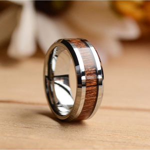 Wooden Rings: 8 mm Tungsten Rings For Men with Koa Wood Inlay